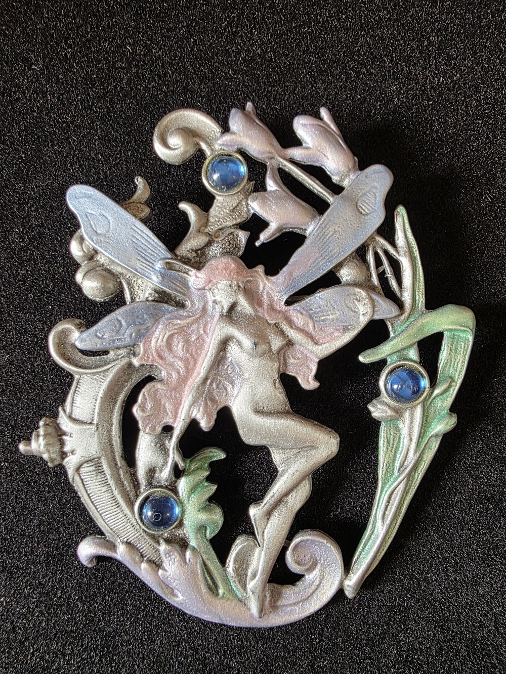 J.J. "Oh Fairy" Silhouette Brooch in Iridescent Silver-Pink with Blue Accents